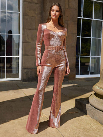 シャンパンカラースパンコールジャンプスーツ スウィートハートネック 長袖 ベルト付き セクシープレイスーツ