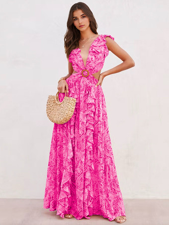 ローズレッド花柄マキシドレス レイヤードフリル Vネック ノースリーブ バックレス フロントスリット セクシーな夏用フォークロアドレス