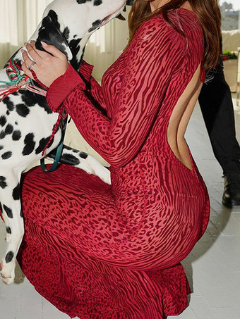 クラブドレス レディース ジュエルネック セクシー 長袖 ポリエステル セクシードレスワインレッド