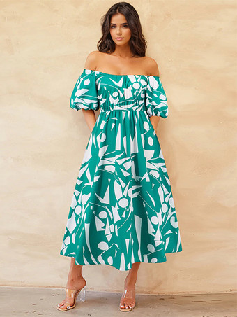 グリーン 花柄ドレス オフショルダー パフスリーブ カジュアル サマー ミディドレス