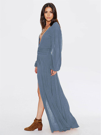 Robe Maxi Col V Manches Longues Robe Longueur Sol Fendue Haute