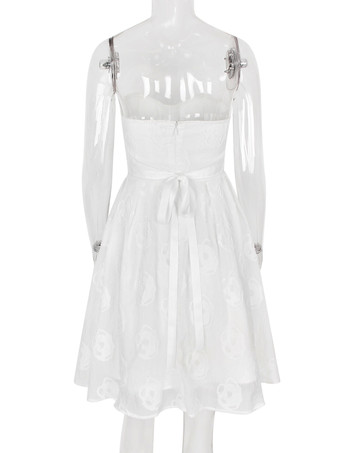 Robe bustier blanche en jacquard floral décolleté en cœur plissée ligne A robe de soirée mi-longue 2025