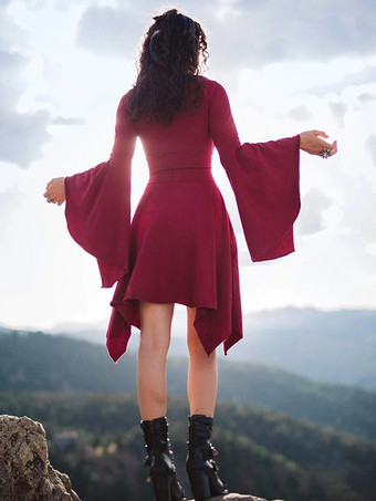 レトロ フレア ドレス V ネック ベルスリーブ プリーツ イレギュラー ドレス