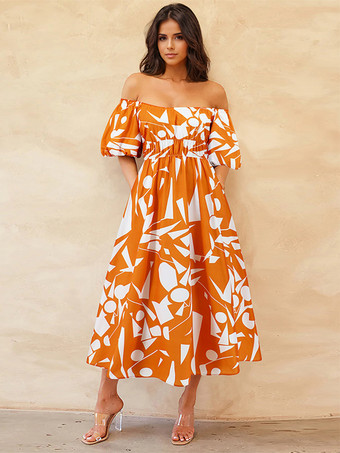 イエロー花柄ドレス オフショルダー パフスリーブ カジュアル サマー ミディドレス