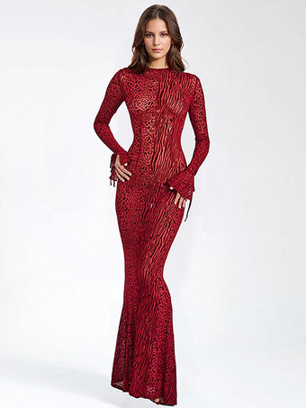 クラブドレス レディース ジュエルネック セクシー 長袖 ポリエステル セクシードレスワインレッド