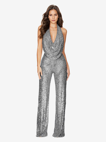 グレイスパンコール ジャンプスーツ セミフォーマル ノースリーブ クラブ ナイトウェア 女性用