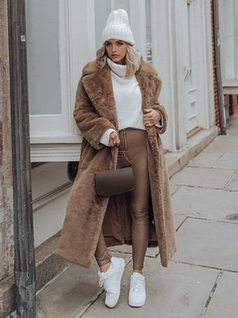 ロングライン フックスファーコート ノッチラペル ベルト付き 環境に優しい冬用ジャケット 2025