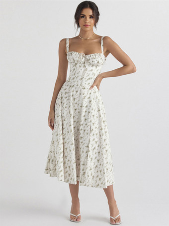 ダークグリーン花柄ドレス ミディドレス ドレス 花柄 ハイスリット ストラップネック ノースリーブ コテージコア 夏