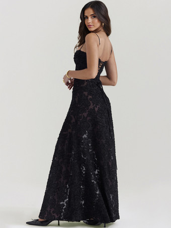 トランペットドレス スパゲッティストラップ レースアップ 花柄刺繍 プロム マキシドレス