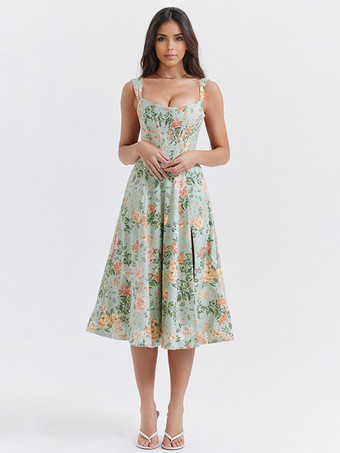 グリーン コルセットドレス 花柄 ワイドストラップ バックレス レースアップ スリット セクシー パーティー ミディドレス