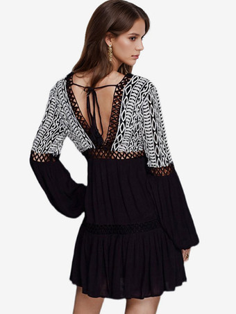 ボヘミアンドレスロングビショップスリーブディープVネック刺繍ボヘミアンジプシービーチバケーションホワイトコットン春夏ショートスケータードレス女性用