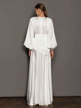 マキシ パーティー ドレス ホワイト V ネック 誕生日 長袖 ハイスリット プロム ドレス