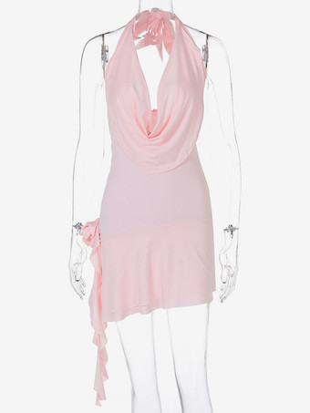 ソフトピンクのホルターネックドレス、ブロッサムドレープネック、バックレス、レースアップ、イレギュラーミニドレス