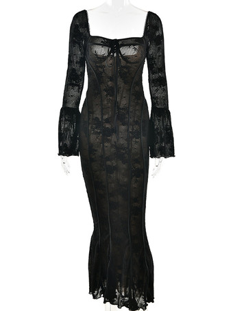 透け感のあるレースのマキシドレス 長袖 スクエアネック マーメイド ボディコン パーティードレス レディース 2025