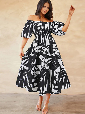 ブラック 花柄ドレス オフショルダー パフスリーブ カジュアル サマー ミディドレス