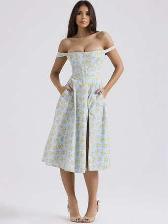 ライトスカイブルーコルセットドレス 花柄 ワイドストラップ バックレス レースアップ スリット セクシー パーティー ミディドレス