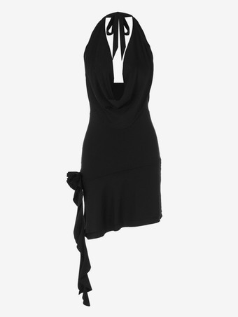 ソフトピンクのホルターネックドレス、ブロッサムドレープネック、バックレス、レースアップ、イレギュラーミニドレス