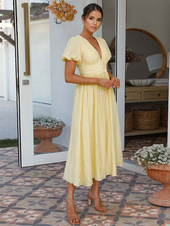 バターイエローのサンドレス、プランジパフスリーブ、カジュアルサマーマキシドレス 2025