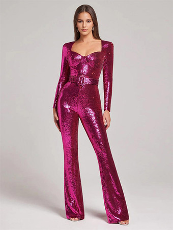 ローズレッドスパンコールジャンプスーツ スウィートハートネック 長袖 ベルト付き セクシープレイスーツ