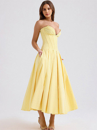 イエロープリンセスラインドレス プランジボディス フルサークルスカート プロムミディドレス