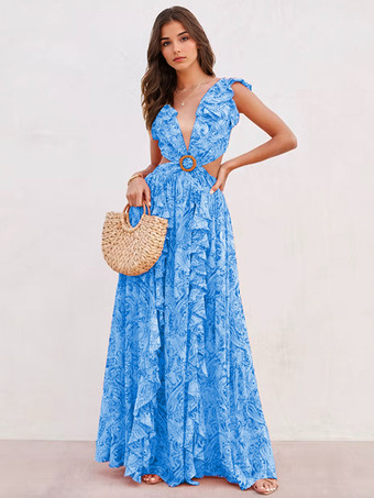 ブルー 花柄マキシドレス レイヤードフリル Vネック ノースリーブ バックレス フロントスリット セクシーな夏用フォークロアドレス