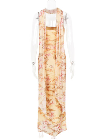 ストラップレスコルセット、メッシュマキシスカート、ネックスカーフのパーティー3ピースコーデセット（レディース2025年）