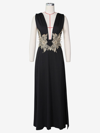 プロムドレス Vネック 刺繍 ハイスリット セミフォーマル ロングドレス