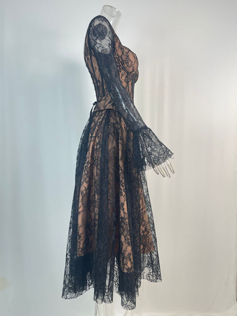 Robe en dentelle vintage décolleté en cœur manches évasées fête d'anniversaire robe mi-longue trapèze pour femme 2026