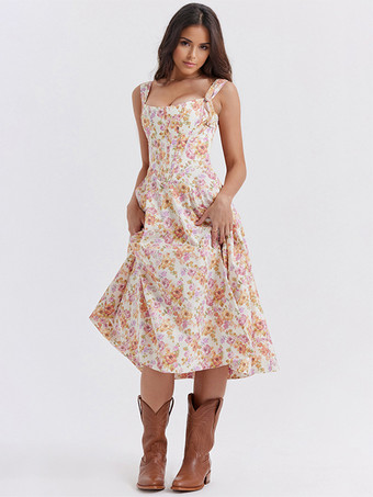 アイボリー コルセットドレス 花柄 ワイドストラップ バックレス レースアップ スリット セクシー パーティー ミディドレス