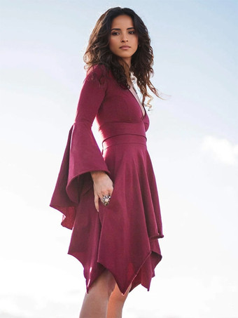 レトロ フレア ドレス V ネック ベルスリーブ プリーツ イレギュラー ドレス