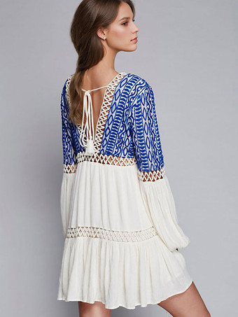 ボヘミアンドレスロングビショップスリーブディープVネック刺繍ボヘミアンジプシービーチバケーションホワイトコットン春夏ショートスケータードレス女性用