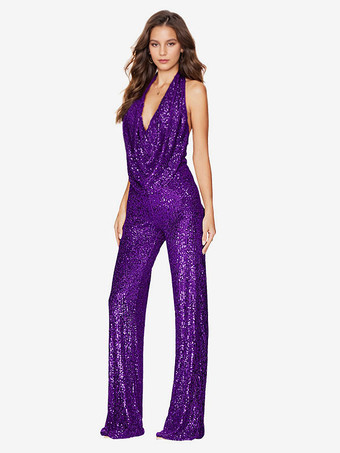 パープル スパンコール ジャンプスーツ セミフォーマル ノースリーブ クラブ ナイトウェア 女性用