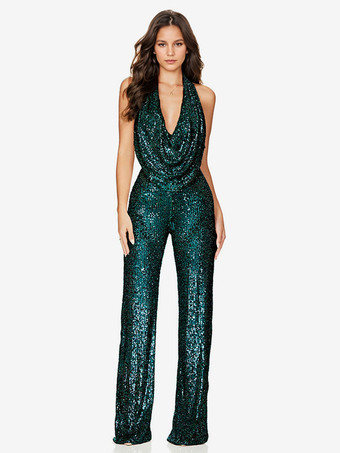 ダークグリーンスパンコール ジャンプスーツ セミフォーマル ノースリーブ クラブ ナイトウェア 女性用