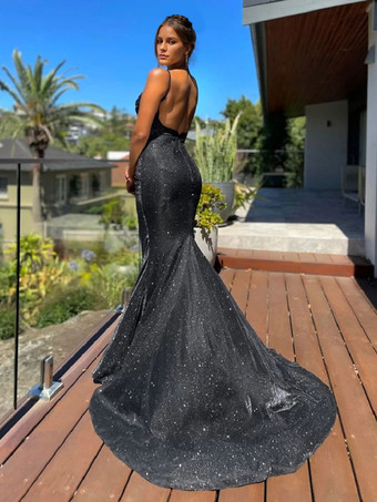 誕生日パーティードレス ブルー ストラップネック ノースリーブ バックレス プロム ロング アクアティックドレス