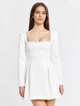 ホワイト ブラック ミニドレス スクエアネック 長袖 コントラストトリム 卒業式ドレス