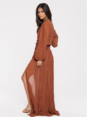 Robe Maxi Col V Manches Longues Robe Longueur Sol Fendue Haute