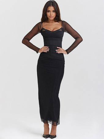 ブラック マキシ ドレス チュール オーバーレイ スウェットハート ネック プロム ボディコン ドレス