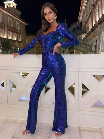 ブルー スパンコールジャンプスーツ スウィートハートネック 長袖 ベルト付き セクシープレイスーツ