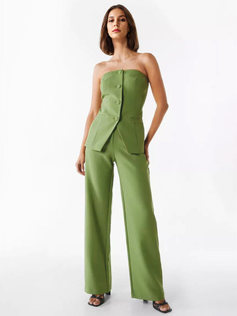 グリーン オフショルダートップスとワイドレッグボトムスの2点セット