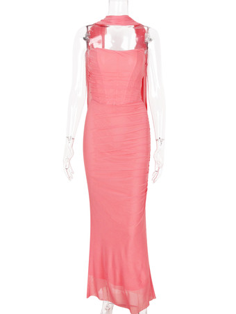 ストラップレスコルセット、メッシュマキシスカート、ネックスカーフのパーティー3ピースコーデセット（レディース2025年）