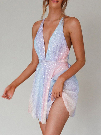 ライトスカイブルー グリッター ショート スウィング ドレス ホルター プランジ 卒業式 ミニドレス