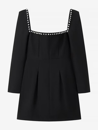 ブラック ミニドレス スクエアネック 長袖 コントラストトリム 卒業式ドレス