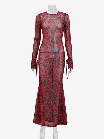 クラブドレス レディース ジュエルネック セクシー 長袖 ポリエステル セクシードレスワインレッド