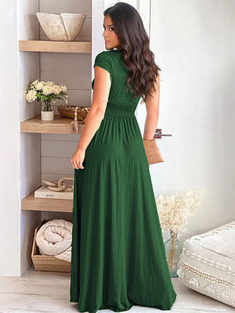 半袖パーティードレス Vネック エンパイアウエスト スリット エレガント マキシドレス ワインレッド