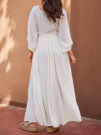 ボヘミアンドレス プリーツ Vネック 七分袖 ビーチ マキシドレス