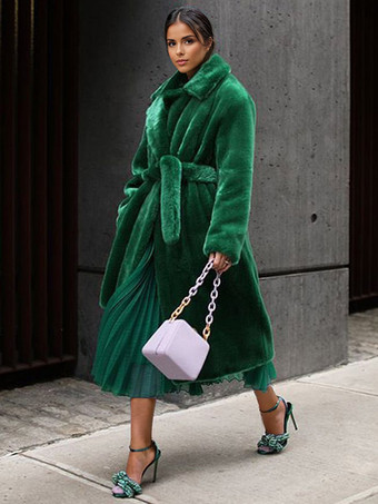 グリーン ロングライン フックスファーコート ノッチラペル ベルト付き 環境に優しい冬用ジャケット 2025