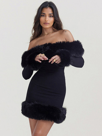 フェイクファートリム オフショルダー ミニドレス セクシーな誕生日パーティードレス