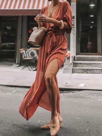 ボヘミアンドレス プランジ ハーフスリーブ ベルト付き サマービーチ マキシドレス