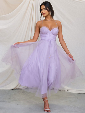ラベンダーカラーCorest ミディドレス スパゲッティストラップ シャーリング レースアップ チュールスカートドレス