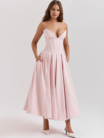 ライトピンクプリンセスラインドレス プランジボディス フルサークルスカート プロムミディドレス